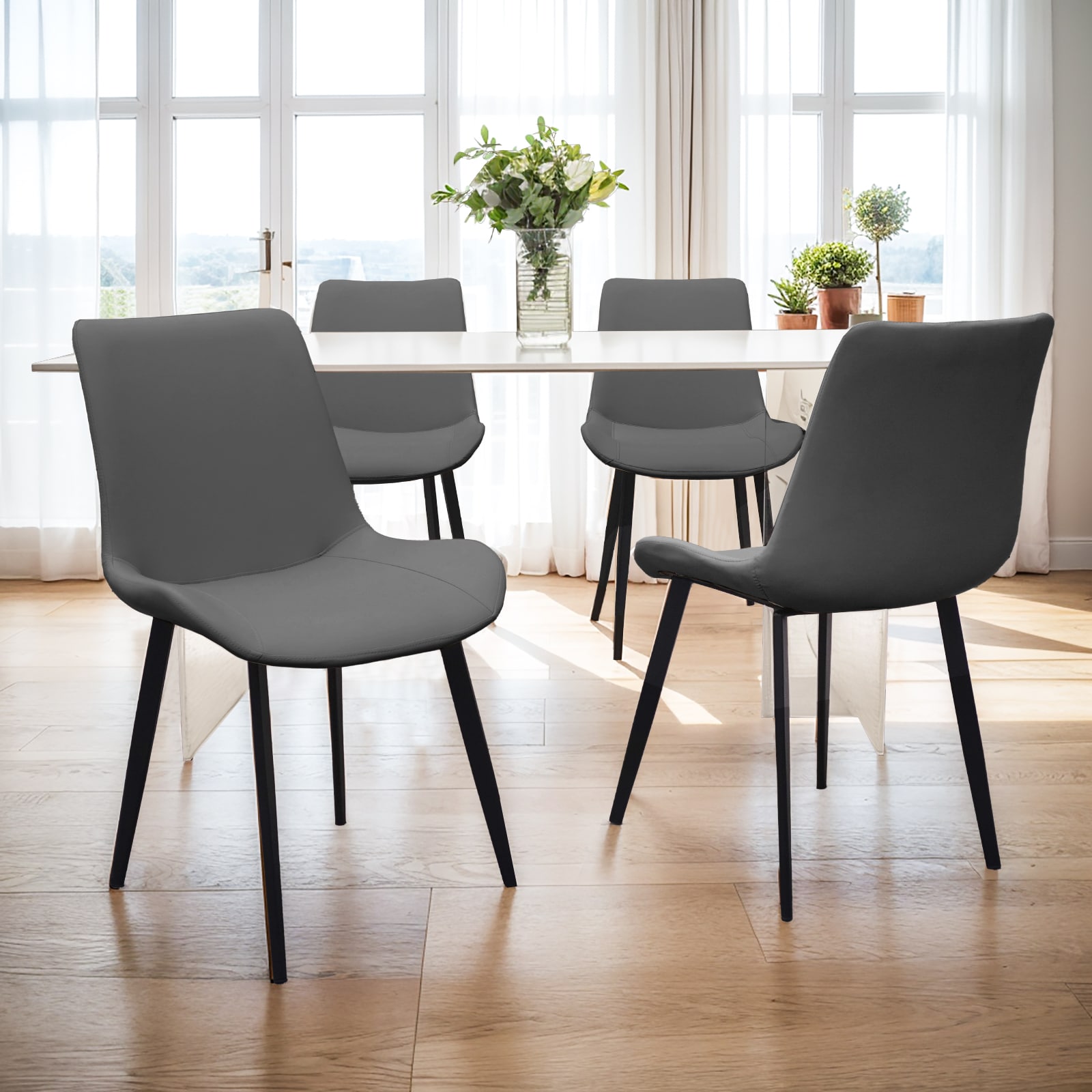 Grey PU Leather Dining Chair With Metal Legs, Modern Upholstered Chair Set Of 4 For Kitchen, Restaurant, Living, Meeting Room_voghion.com